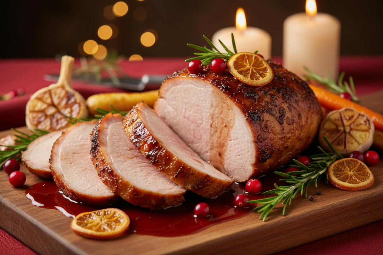 lomo de centro de cerdo con salsa, cortado en lonjas estilo navideño closeup a la carne desenfocado para se vea una foto generica referencial